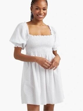 Hill House White Smocked Puff-Sleeve Mini Dress